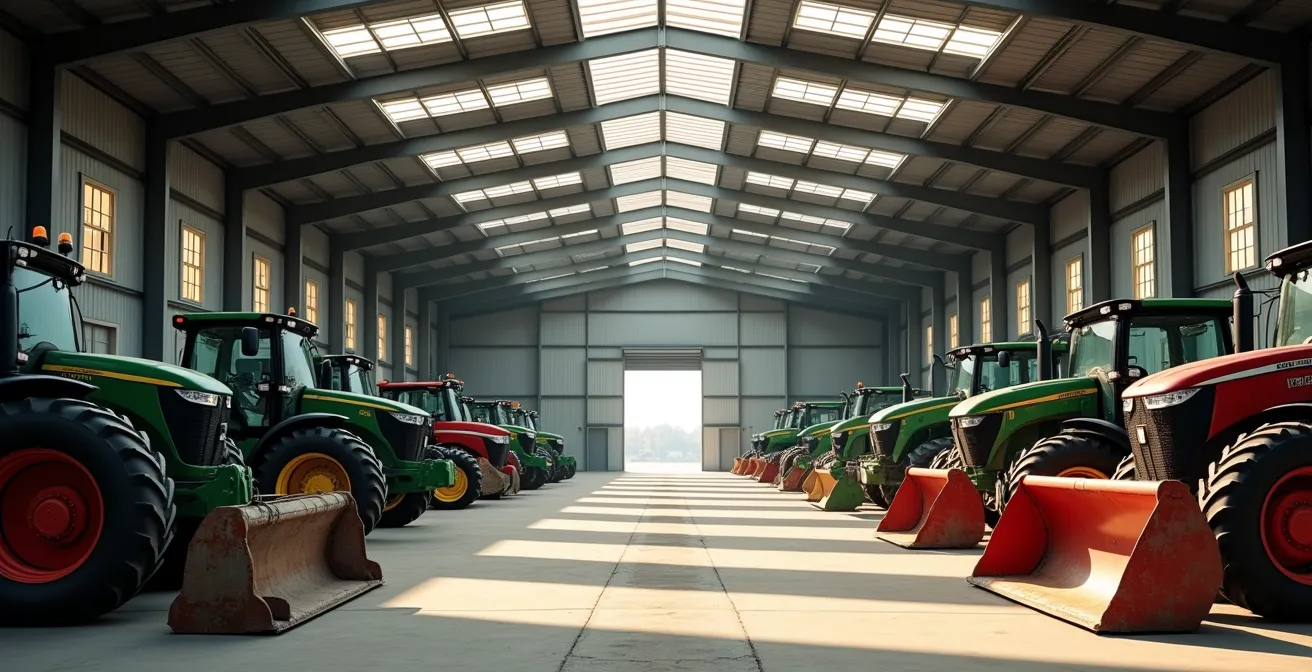 Hangar de CUMA avec rangée de matériels agricoles partagés