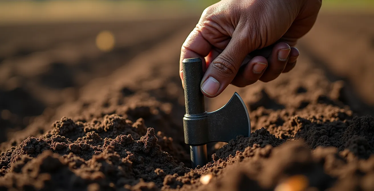 Main tenant une sonde capacitive insérée dans le sol pour mesurer l'humidité