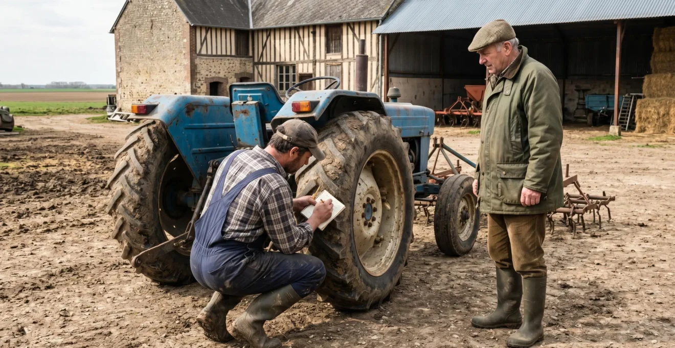 Agriculteur inspectant les pneus d'un tracteur d'occasion avec le vendeur dans une cour de ferme française