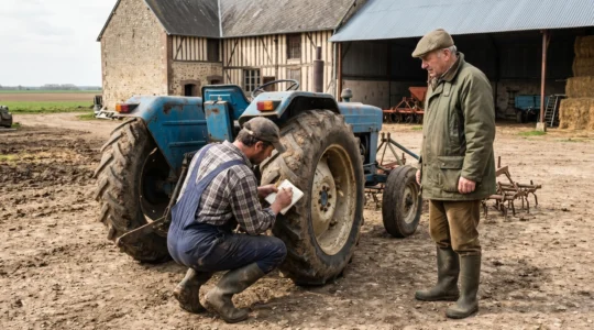 Agriculteur inspectant les pneus d'un tracteur d'occasion avec le vendeur dans une cour de ferme française