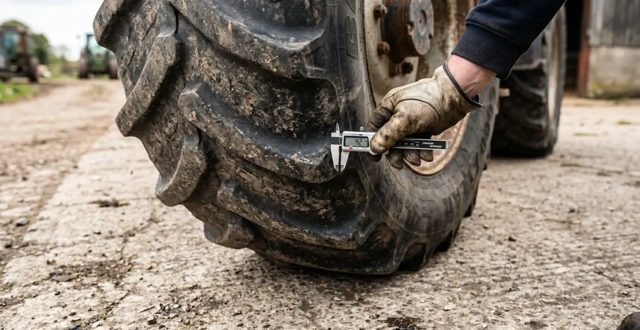 Gros plan sur un pneu de tracteur agricole usé avec main d'inspecteur mesurant la profondeur de sculpture restante