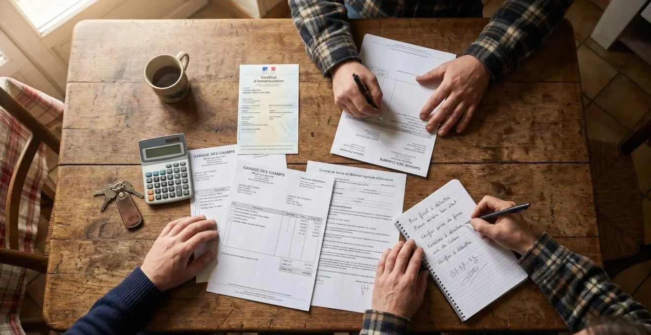 Vue de dessus d'une table de ferme avec documents de tracteur (carte grise, factures d'entretien) et mains de deux personnes en discussion